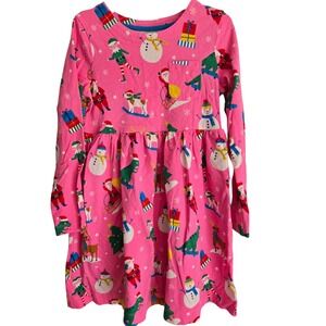 Christmas Holiday Print Long Sleeve Dress Pocket Girl Kids Party Pink